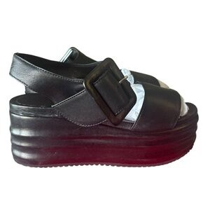 Black Leather Italian Platform Slingback Buckle Sandals Size 38 Flatforms